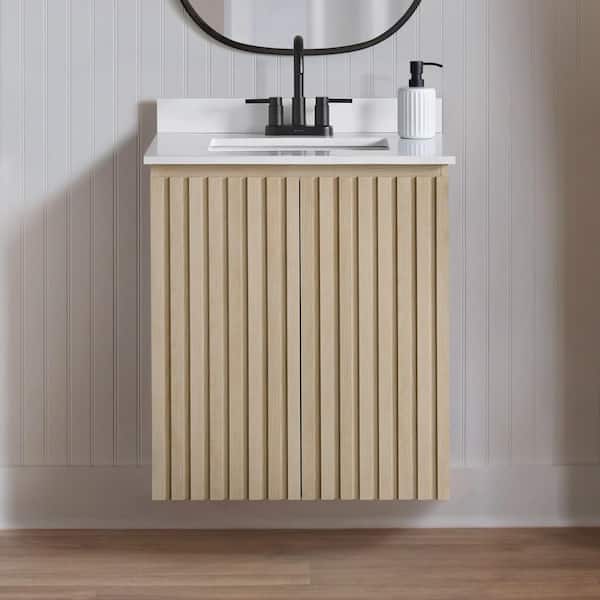 Precine 25 in. Single Sink Light Oak Bath Vanity with White Cultured Marble Top (Assembled)