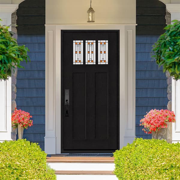 Regency 36 in. x 80 in. 3-Lite Amberton Decorative Glass RHIS Onyx Fir Grain Fiberglass Prehung Front Door