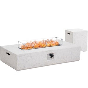 56 in. 3-Piece White Rectangle Concrete Outdoor Propane Gas Fire Pit Table, with Stainless Steel Burner and Wind Guard