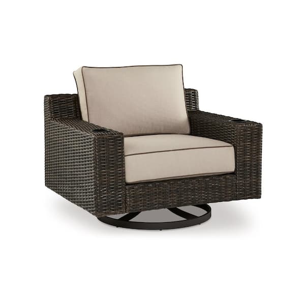Benjara Waga Brown Wicker Swivel Outdoor Lounge Chair with Beige Cushion and Cupholder