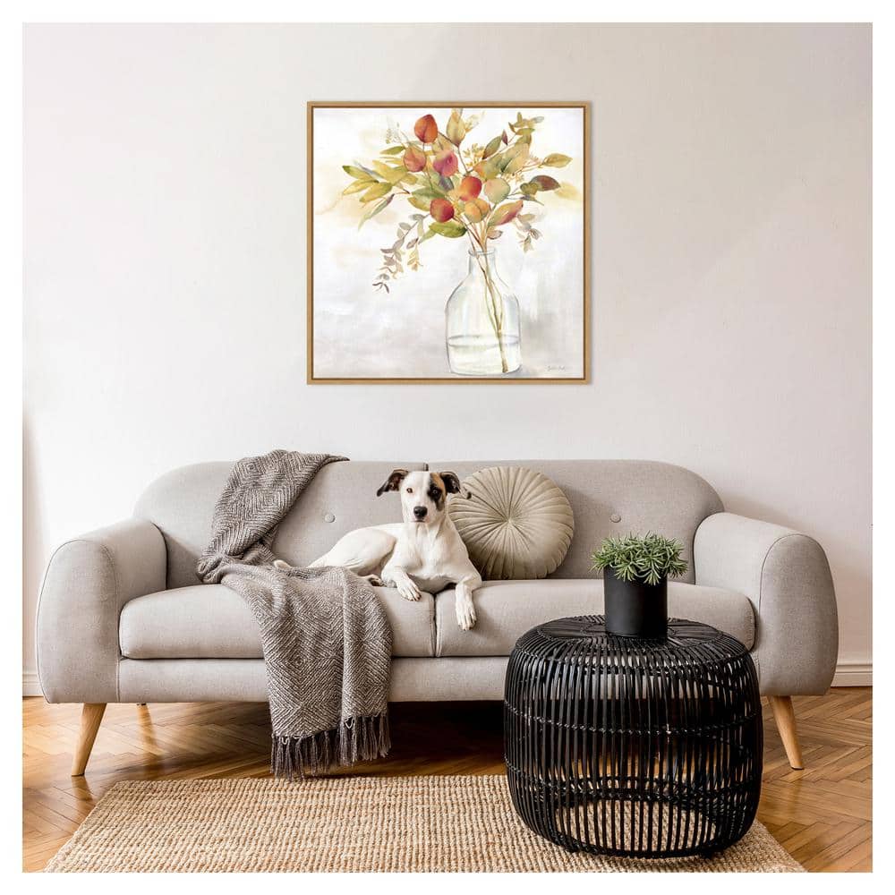 Eucalyptus Vase Fall I Watercolor Print on Canvas with Maple Frame