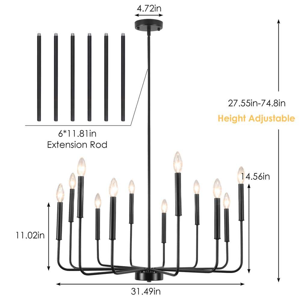 Matte Black 12-Light Candle Style Chandelier