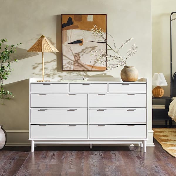 Walker Edison Furniture Company Mid-Century Modern Solid Wood White 9-Drawer 58 in. Tray Top Dresser