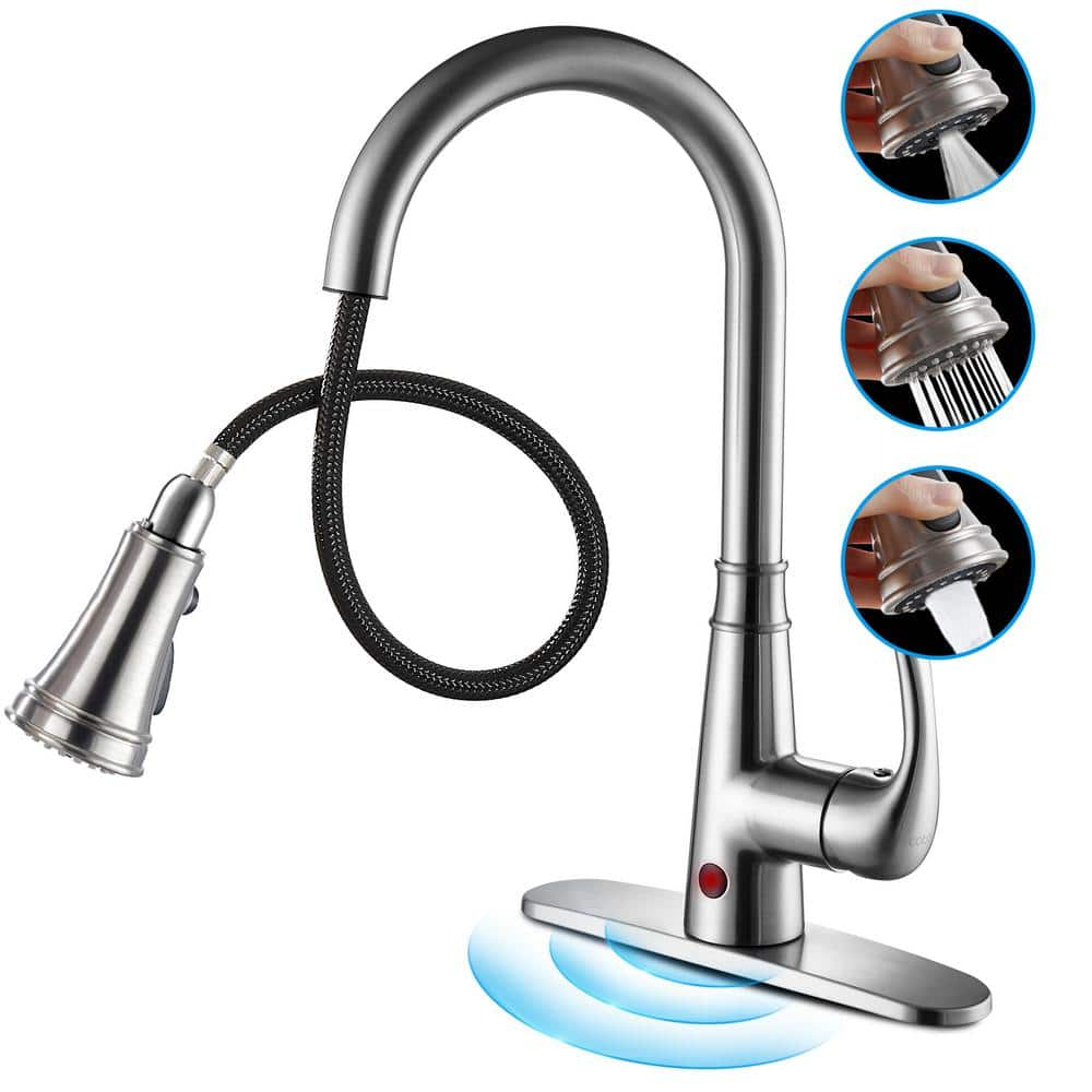 Touchless Single Handle Gooseneck Pull Down Sprayer Kitchen Faucet with Deckplate Pull Out Sink Faucet in Brushed Nickel -  Heemli, KBT0101N