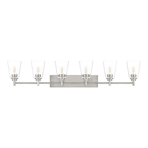 Hampton Bay Wakefield 48.5 in. 6-Light Brushed Nickel Modern Vanity with Clear Glass Shades