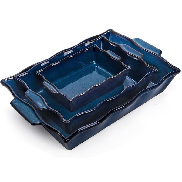 3 Pack Ceramic Rectangular Baking Dish Set Heavy Porcelain Lasagna Pan with Handles for Oven Cooking Blue