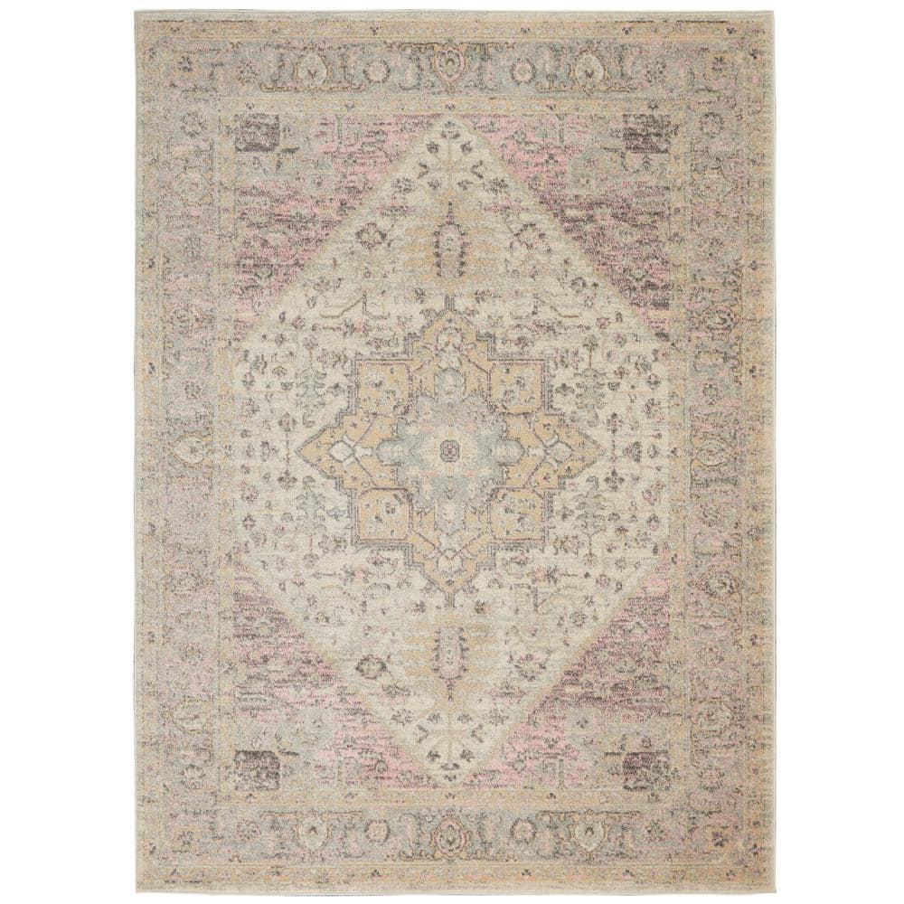 Ivory & Pink Synthetic 4'x6' Easy-Care Rectangular Rug