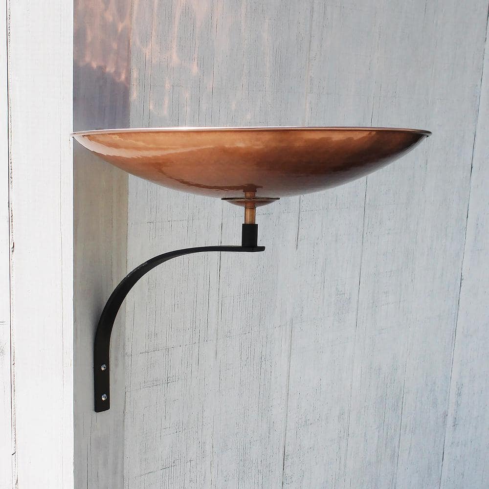 Polished Copper Wall-Mounted Birdbath with Black Iron Bracket