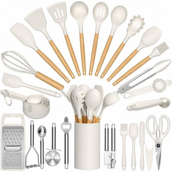 Cream White Silicone Kitchen Utensil Set, 34-Piece Heat Resistant Kitchen Gadgets and Tools With Grater, Wood Handles