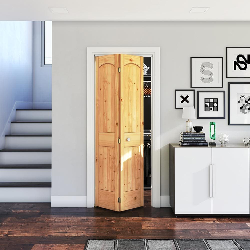 Natural Unfinished Pine Wood 2-Panel Arch Top Bifold Door with Brass Hardware