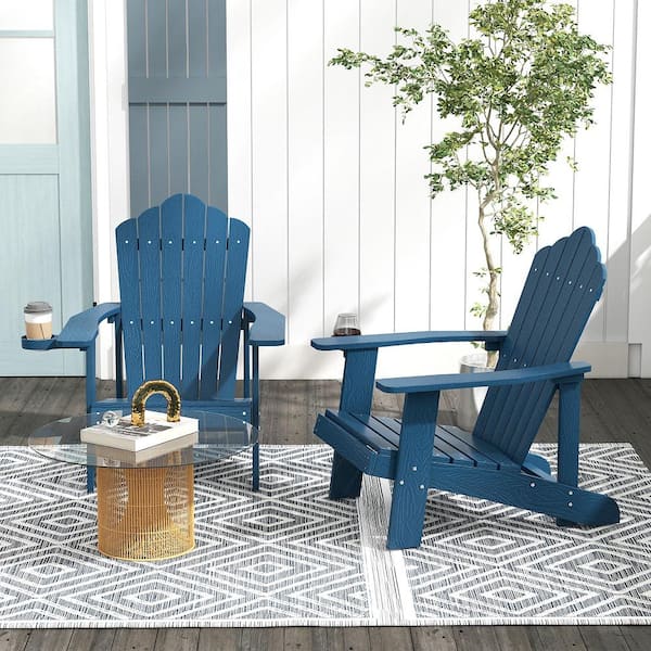 Patio HIPS Navy Outdoor Weather Resistant Slatted Chair Adirondack Chair with Cup Holder