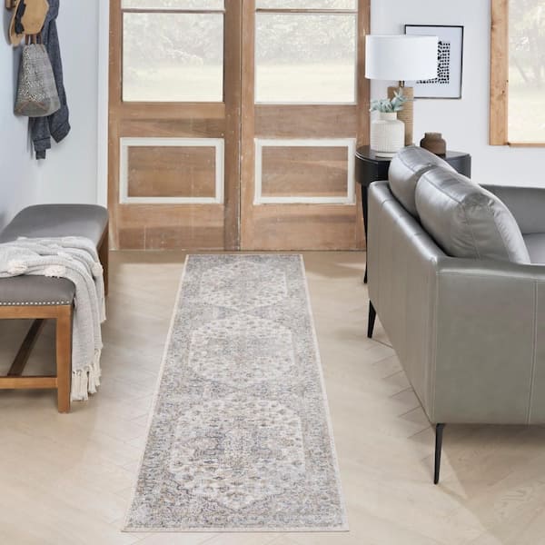 Astra Machine Washable Silver Grey 2 ft. x 10 ft. Distressed Traditional Kitchen Runner Area Rug