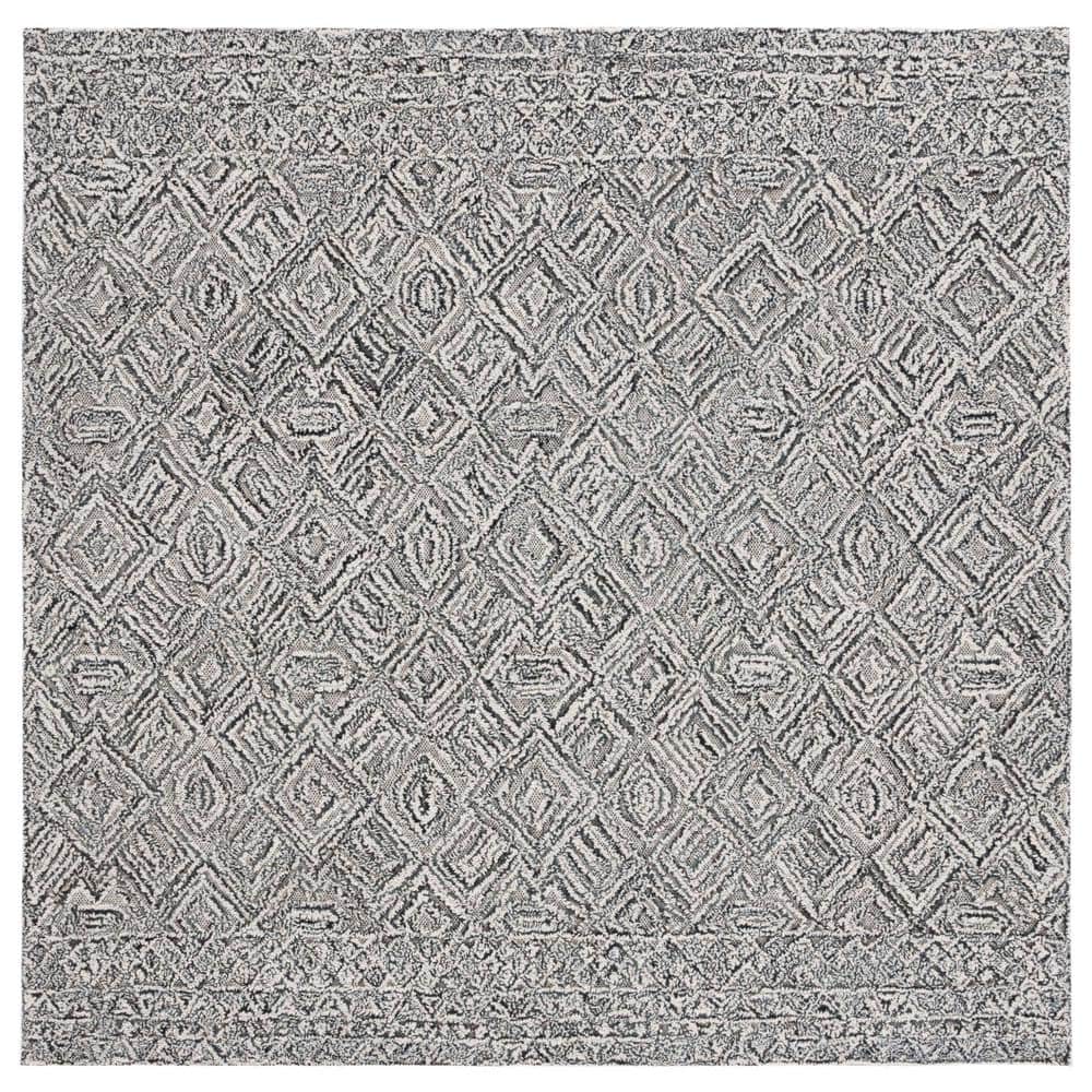 Handmade Black and Ivory Geometric Wool Area Rug, 6' Square