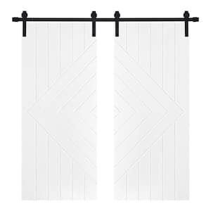 Double Modern Chevron with Lines 48 in. x 84 in. MDF Panel White Painted Sliding Barn Door with Hardware Kit
