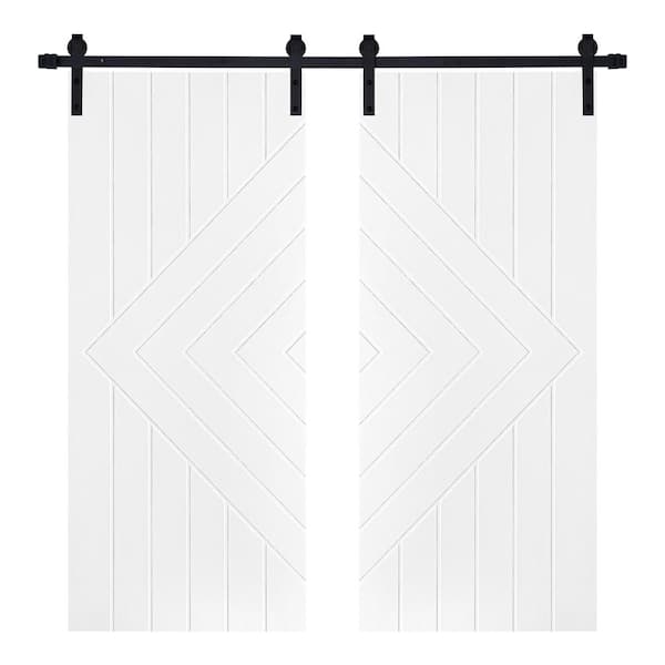 AIOPOP HOME Double Modern Chevron with Lines 48 in. x 84 in. MDF Panel White Painted Sliding Barn Door with Hardware Kit