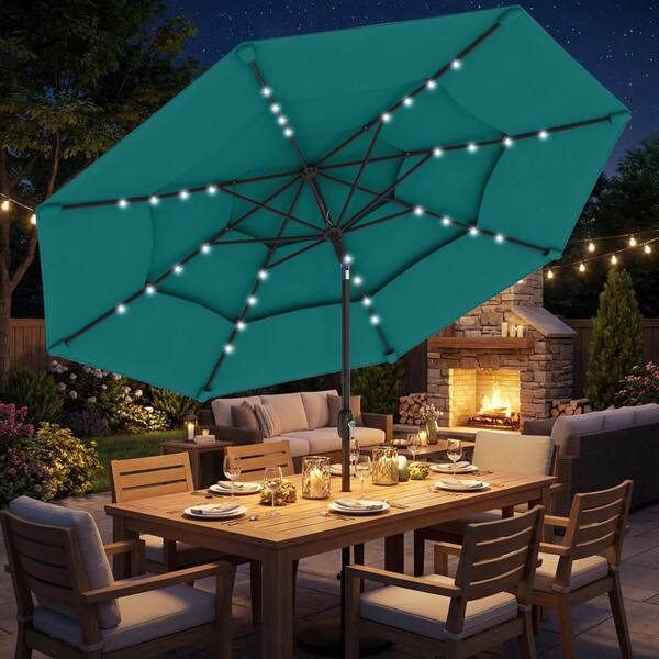 green lighted patio umbrella Rectangular Solar Light Bulb Tilt 10x6.5ft 6-Rib Evenings with your friends and family will become a bit brighter and more whimsical with the addition of a patio umbrella with LED lighting Best Choice Products 7.5ft Outdoor
