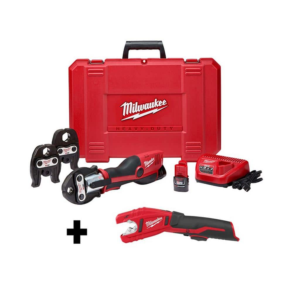 Milwaukee M12 12-Volt Lithium-Ion Force Logic Cordless Press Tool Kit with  M12 Copper Tubing Cutter (3 Jaws Included) 2473-22-2471-20 The Home Depot