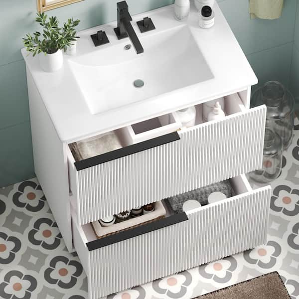 30 in. Single Sink Freestanding White Bath Vanity with White Ceramic Top and 2 Drawers Cabinet Unassembled