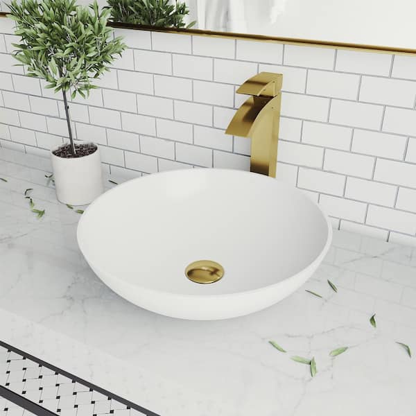 VIGO Matte Stone Lotus Composite Round Vessel Bathroom Sink in White VIGO Matte Stone Lotus Composite Round Vessel Bathroom Sink in White