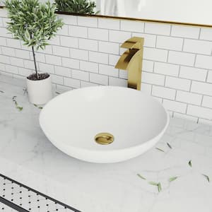 Matte Stone Lotus Composite Round Vessel Bathroom Sink in White with Duris Faucet and Pop-Up Drain in Matte Gold