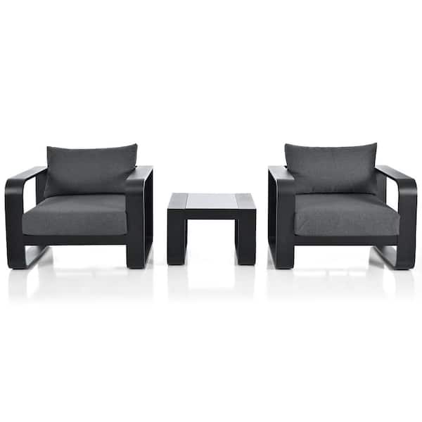 Black 3-Piece Aluminum Frame Patio Conversation Set with Thick Olefin Gray Cushions and Coffee Table