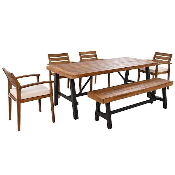 Runesay 6-Piece Wood Patio Outdoor Dining Furniture Set with Removable Beige Cushions Ergonomic Chairs Thicker Table and Bench