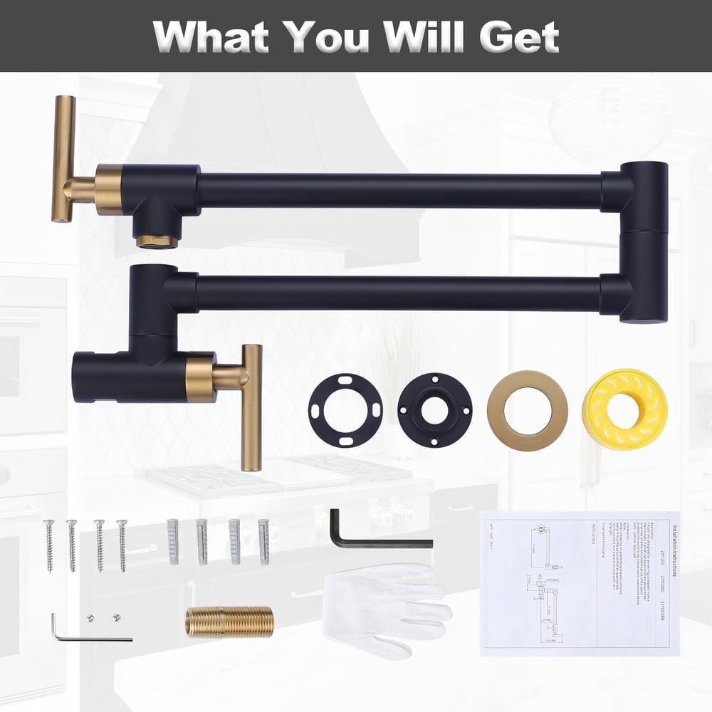 Matte Black and Gold Brass Wall Mount Pot Filler Faucet
