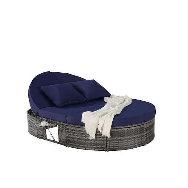 Zeus & Ruta Gray Wicker Outdoor Day Bed with Adjustable Backrests and Foldable Cup Trays Dark Blue Cushions