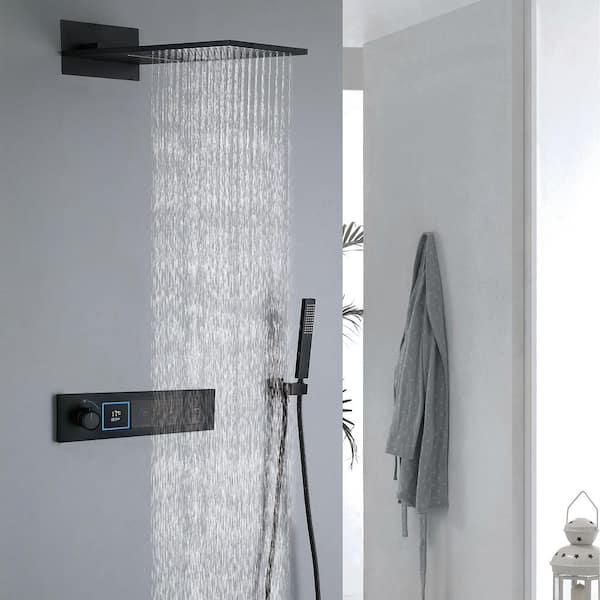 4-Spray Dual Wall Mount Fixed and Handheld Shower Head 1.59 GPM in Matte Black LED Digital Display Thermostatic Value