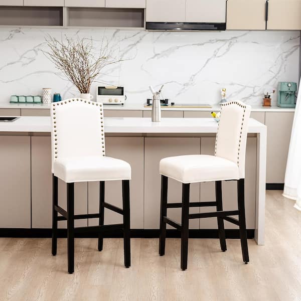 Glitzhome 45.00 in. H Cream White Leatherette Barchair with Studded Decoration Back and Black Solid Rubberwood Legs (Set of 2)