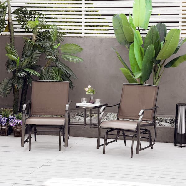 Zeus & Ruta Coffee Brown Steel Outdoor Glider Chairs with Coffee Table, 2-Seat Rocking Chair Swing Loveseat with Breathable Sling