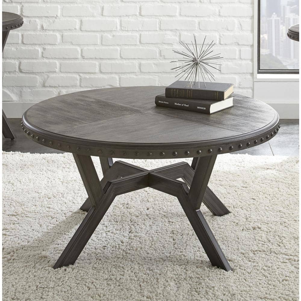 Gray Round Wood and Metal Coffee Table with Nailhead Trim