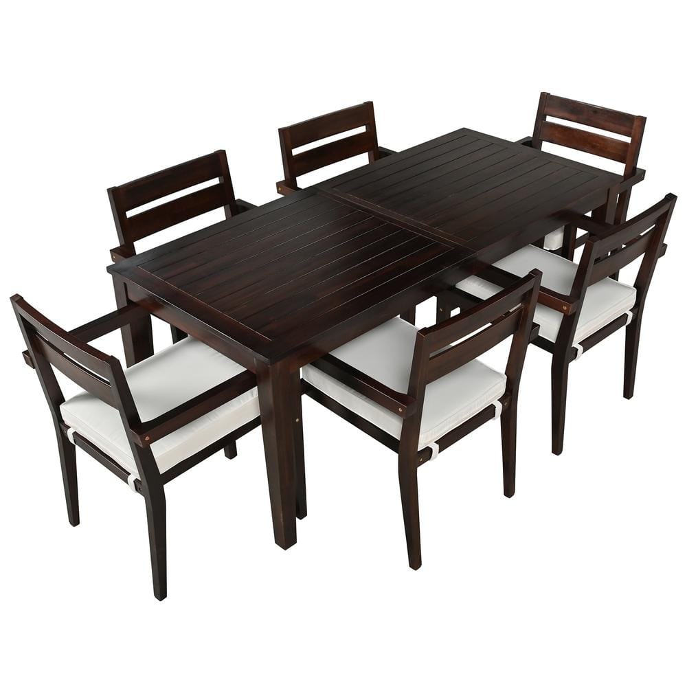 7-Piece Acacia Wood Patio Outdoor Dining Table Set with Beige Cushions, Dark Brown