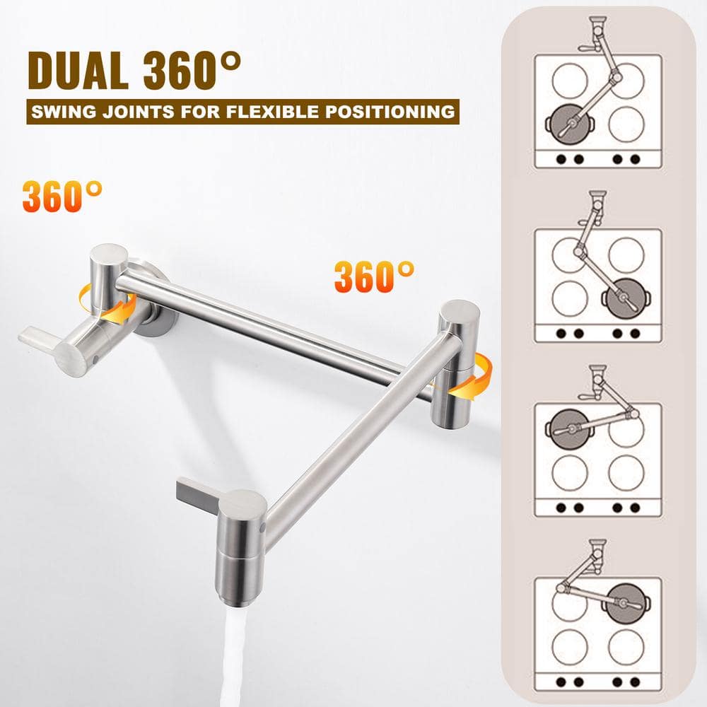 Brushed Nickel Wall Mount Double Handle Pot Filler Faucet
