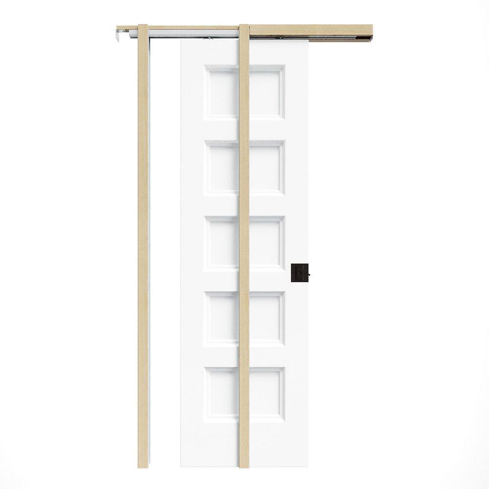 24 in. x 80 in. White Primed 5-Paneled Hollow Core Wood Pocket Door with Hardware Kit (Soft Close and Black Lock Incl) price history on PriceWatchPro