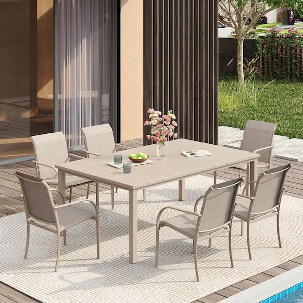 7-Piece Metal Outdoor Dining Set with Sandshell Rectangular Table and 6 Sandshell Dining Chairs with Armrests