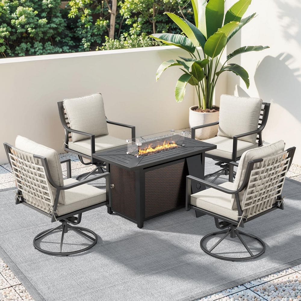 BaliSpin Black Metal Frame 5-Piece Swivel Rocking Chair Patio Conversation Set with Beige Cushions and Fire Pit Table price history on PriceWatchPro