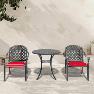 Isabella Black 3-Piece Cast Aluminum Outdoor Dining Set with Round Table and Dining Chairs and Random Color Seat Cushion