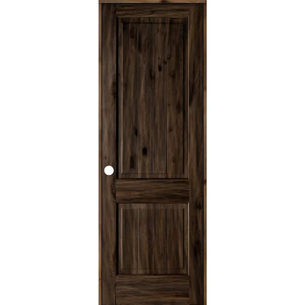 Krosswood Doors 32 in. x 96 in. Knotty Alder 2 Panel Right-Hand Square Top V-Groove Black Stain Solid Wood Single Prehung Interior Door