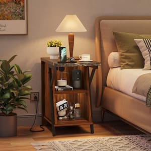 Walnut 13.78 in. W Bedroom Nightstand with Adjustable Shelf and Cup Holder, Modern Storage Living Room Side End Table