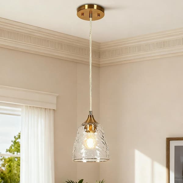 LNC Aurabe Modern 1-Light Plated Brass Bell Pendant Light with Textured Glass Shade, Dining Room Kitchen Island Chandelier