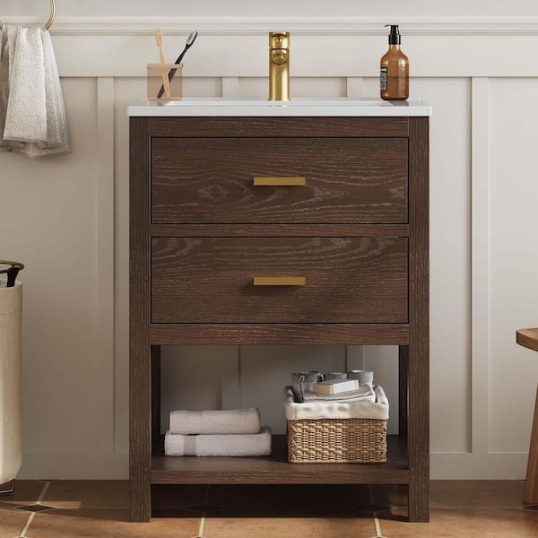 Magen 25 in. Single Sink Bath Vanity in Walnut with White Engineered Solid Surface Top and 2 Drawers (Unassembled)