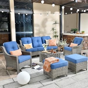 Verona Grey 5-Piece Wicker Modern Outdoor Patio Conversation Sofa Seating Set with Sky Blue Cushions