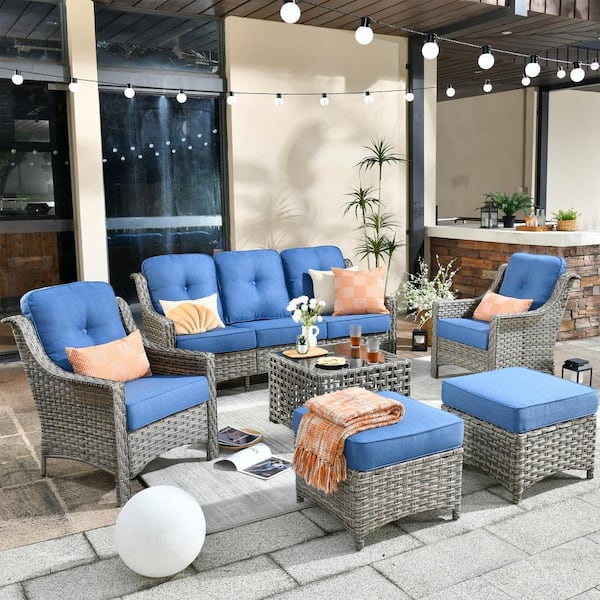 HOOOWOOO Verona Grey 6-Piece Wicker Modern Outdoor Patio Conversation Sofa Seating Set with Sky Blue Cushions