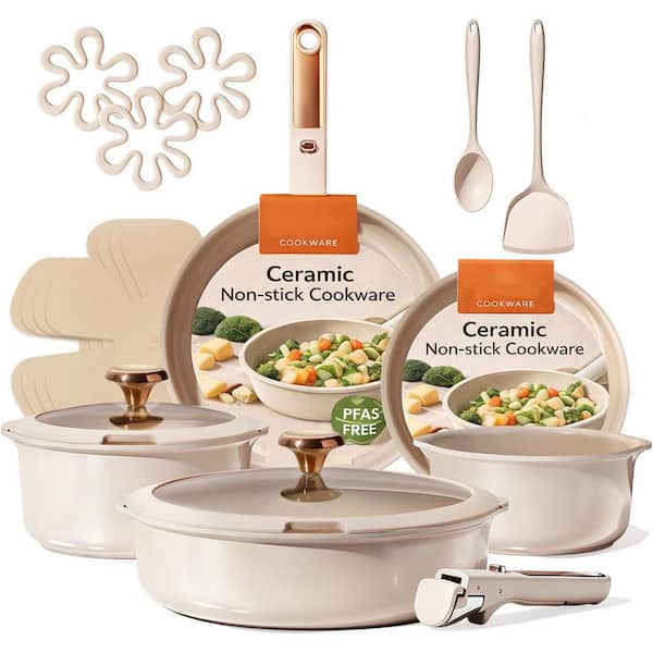 18-Piece Ceramic Nonstick Cookware Set in Bronze Gold White w/ Detachable Handles for Induction and Dishwasher Safe Use