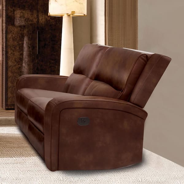Furniture of America Donforto 64 in. Medium Brown Leather 2-Seater Power Loveseat with Armrests