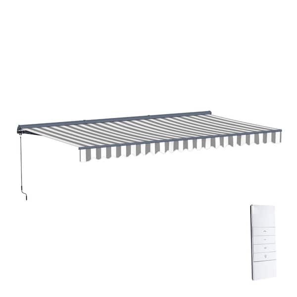 20 ft. Moroccan Polyester Motorized Patio Awning Semi Cassette LED Luxury 120 in. Projection in Gray and White Stripes