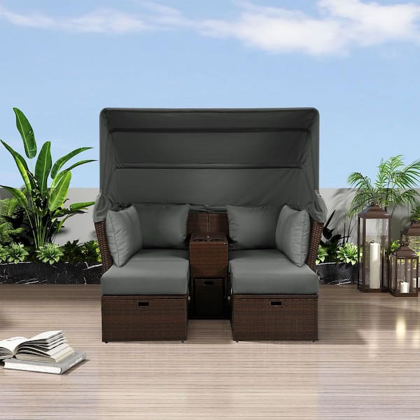 2-Seat Wicker Outdoor Patio Day Bed with Foldable Awning and Cushions for Garden, Balcony, Poolside, Grey