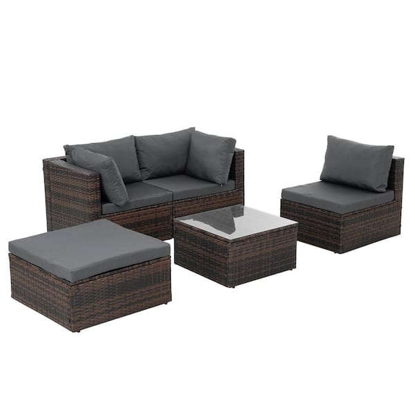 Tunearary 5-Piece Outdoor Patio Brown PE Wicker Conversation Set Furniture Set with Tempered Glass Table and Gray Cushion Cushion