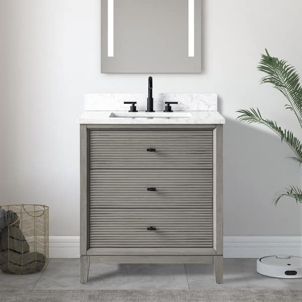 30 in. W x 22 in. D Single Sink Freestanding Driftwood Gray Bath Vanity Cabinet with White Engineered Marble Top